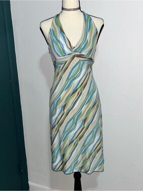 BCBGMaxAzria Halter Midi Dress in Blue, Green & Tan Wave Stripe